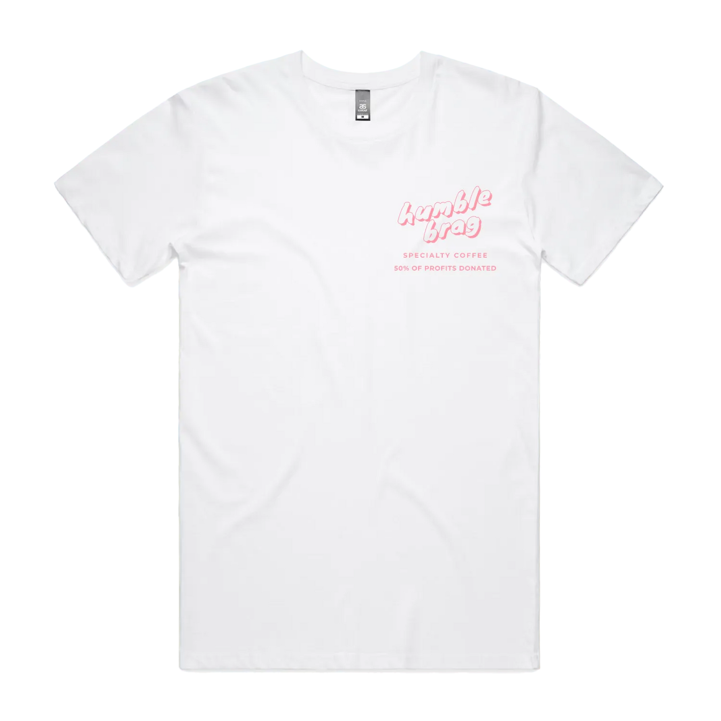 White t-shirt with pink text on a white background