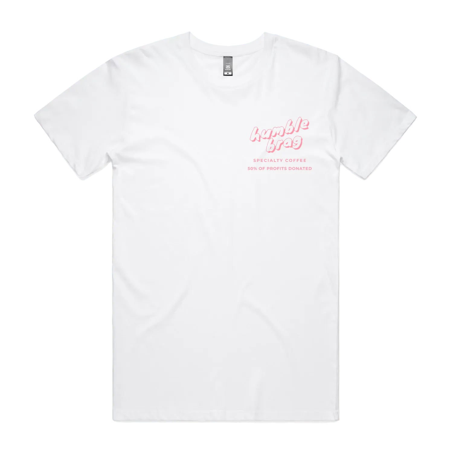 White t-shirt with pink text on a white background