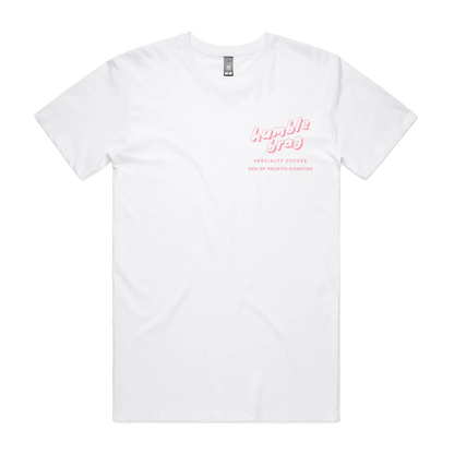 White t-shirt with pink text on a white background