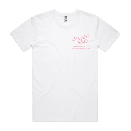 White t-shirt with pink text on a white background